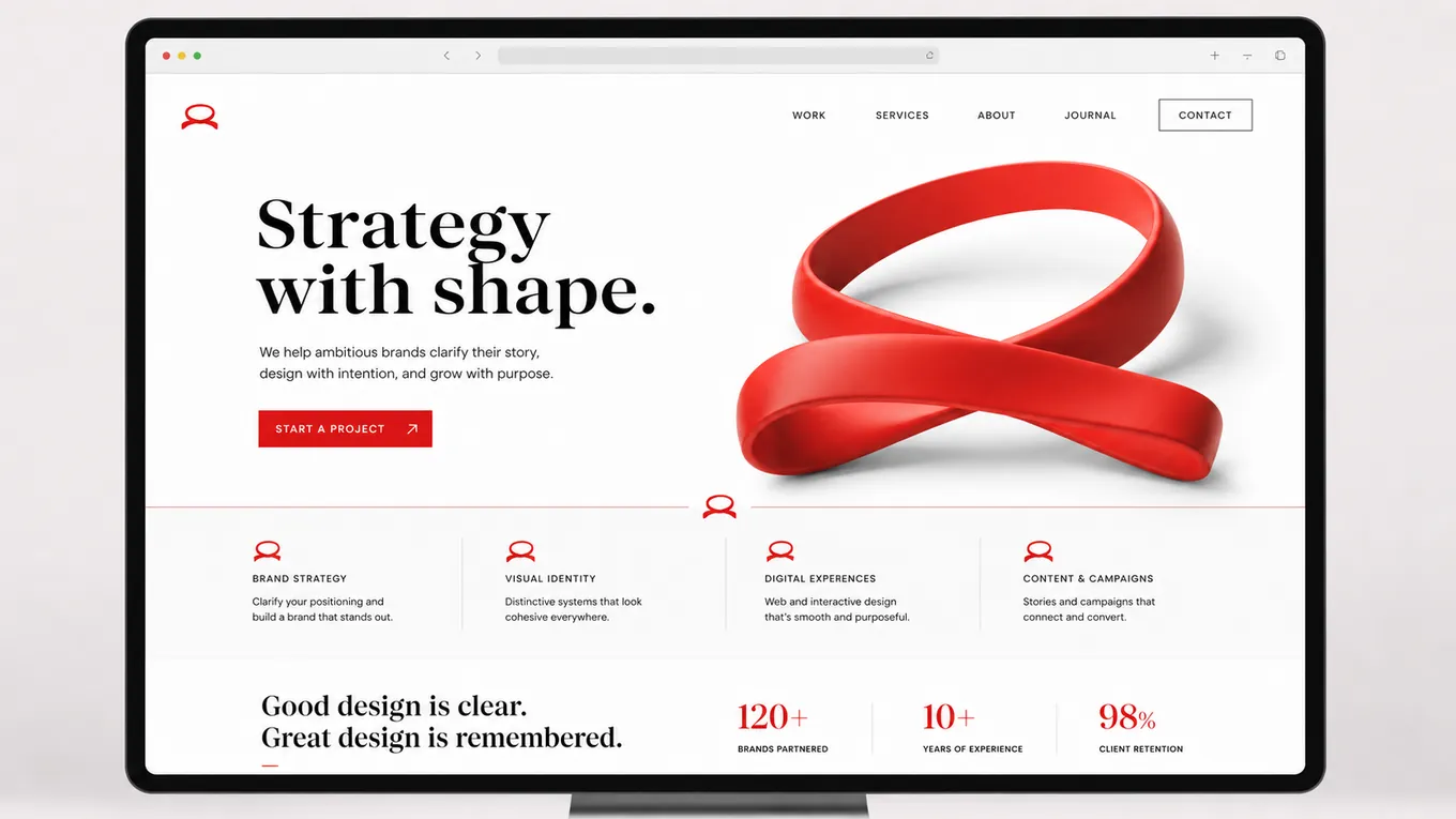 Website direction board centered on a sculptural visual motif and bold abstract elements.