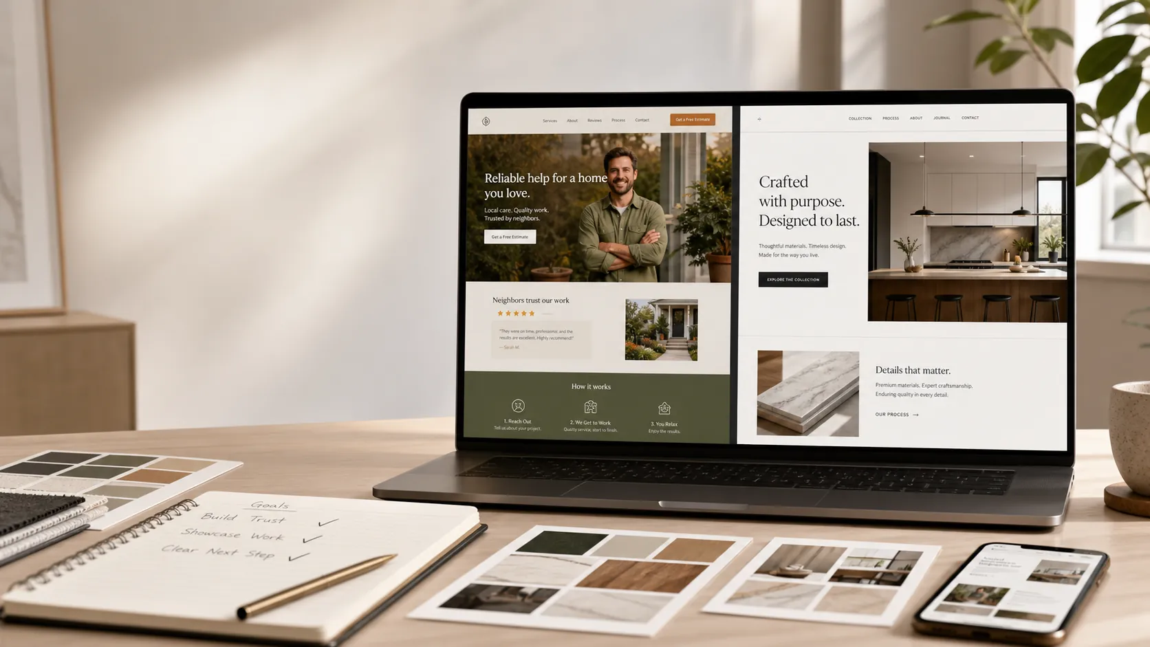 Website style direction board with layered website examples and design notes.