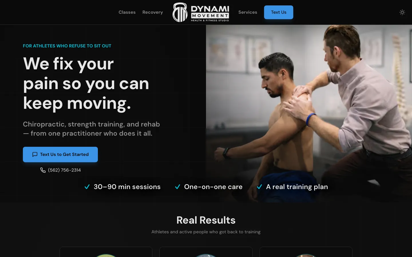 Desktop hero screenshot of the Dynami Movement website showing the headline We fix your pain so you can keep moving.