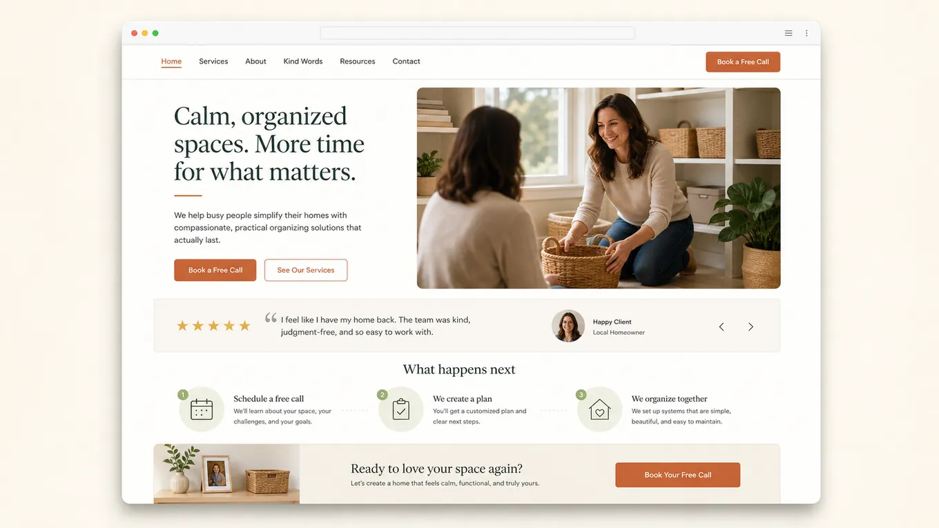 Warm service-business website board with rounded image shapes and soft natural colors.