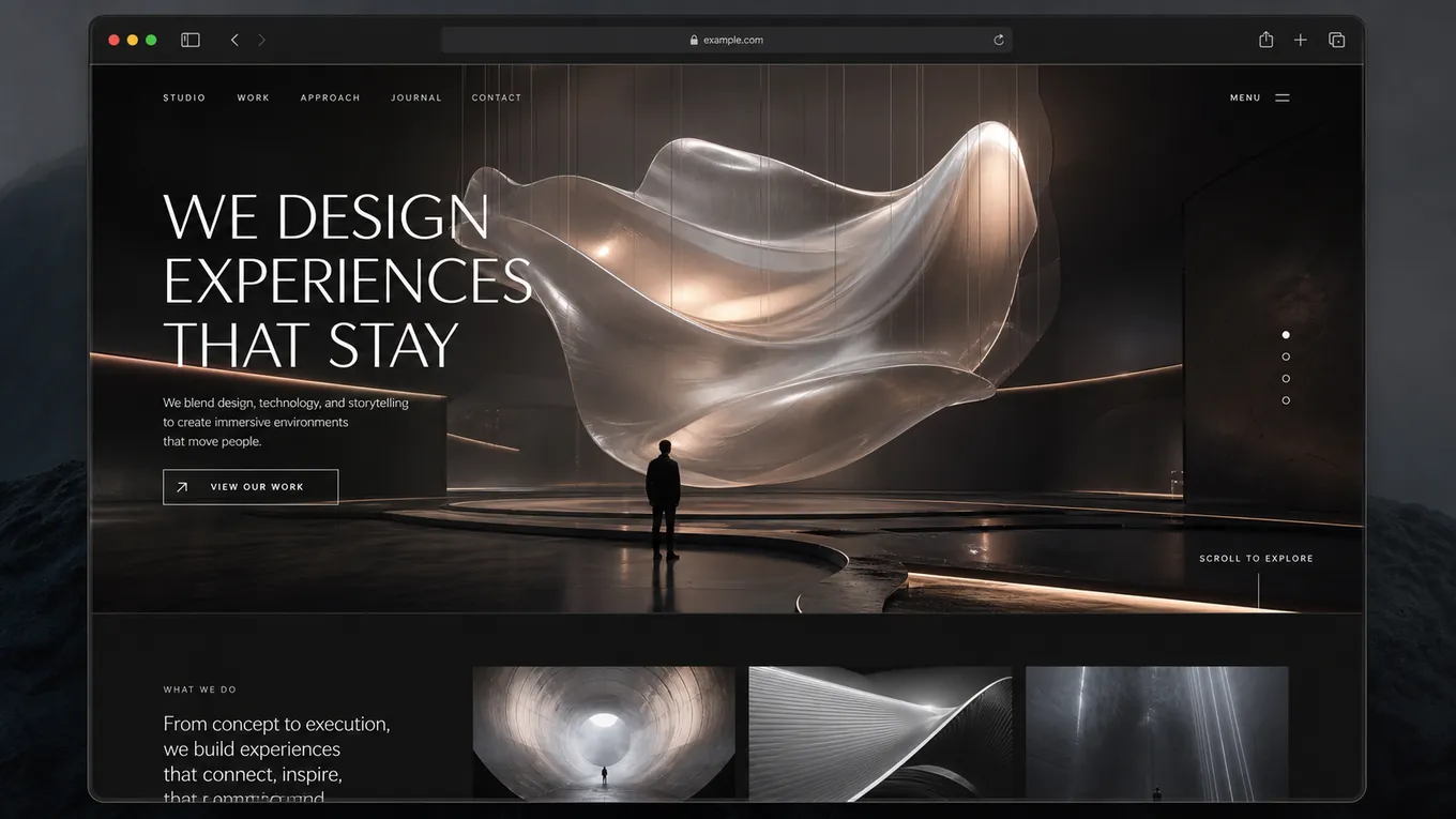 Dark immersive website board with curved motion paths and layered interactive panels.