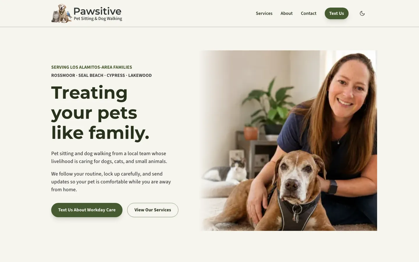 Desktop hero screenshot of the Pawsitive Pet Care website showing the headline Treating your pets like family.