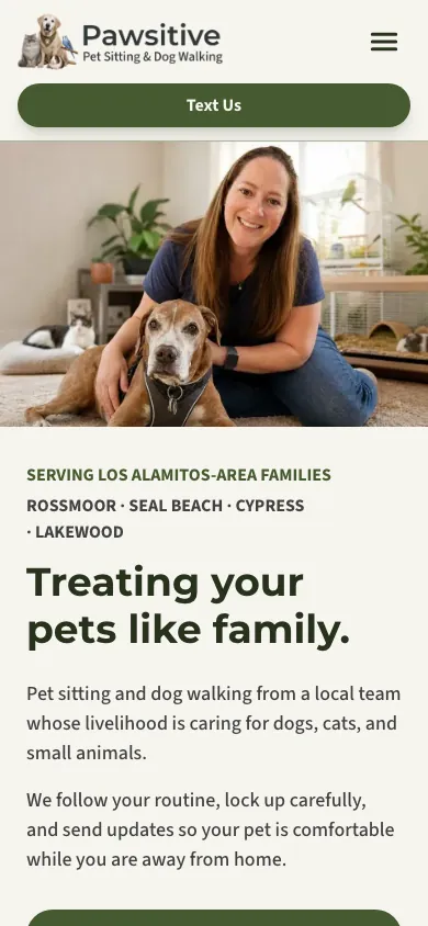 Mobile hero screenshot of the Pawsitive Pet Care website showing the navigation, owner photo, and headline.