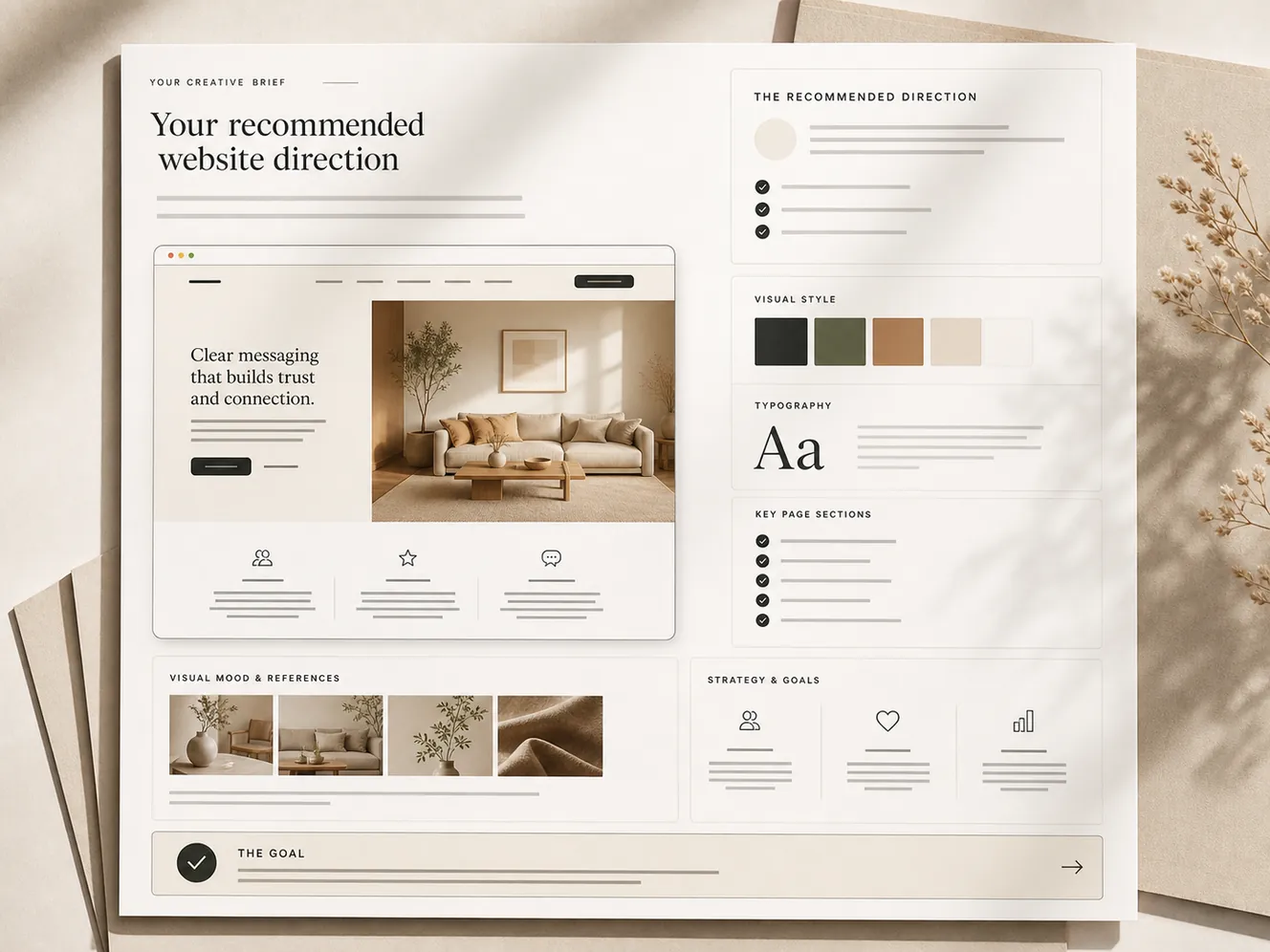 A website direction brief with homepage mockup, palette, and visual notes.