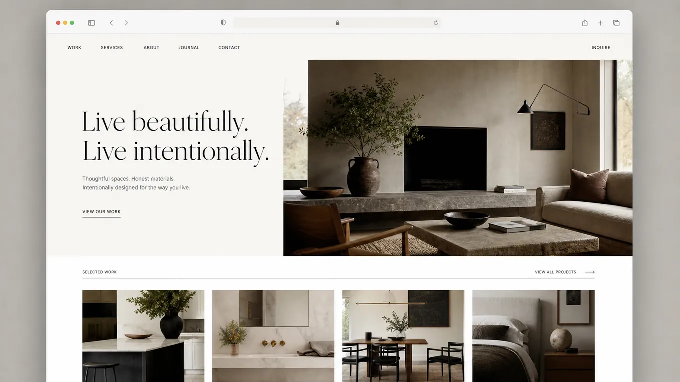 Editorial website direction board with asymmetrical image blocks and refined dark accents.